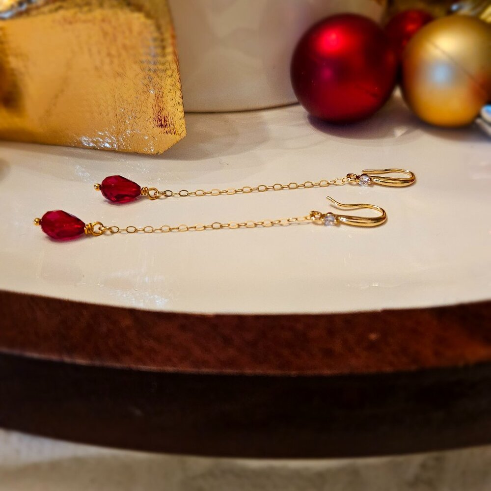 SALE!! Dainty Red Crystal Teardrop with14K Gold Filled Chain, Hook Earrings